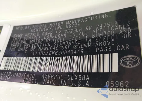 2025 Toyota Camry Se из США, поврежденный, VIN 4T1DAACK6SU019418